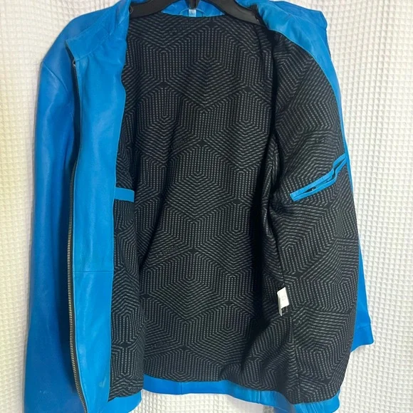 Genuine Leather Distressed Look Cafe Racer Jacket Zip Front & Sleeves Blue Large